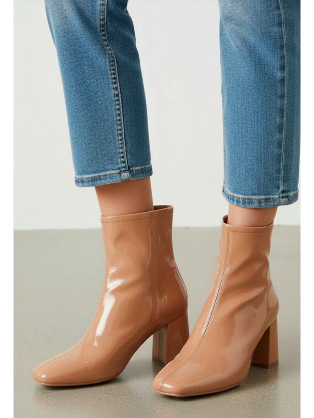 Camel Patent Leather Block Heel Ankle Boots With Back Zipper & Square Toe Design